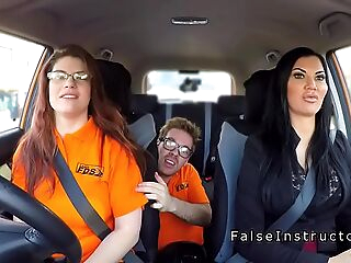 Busty babes threesome in driving school car